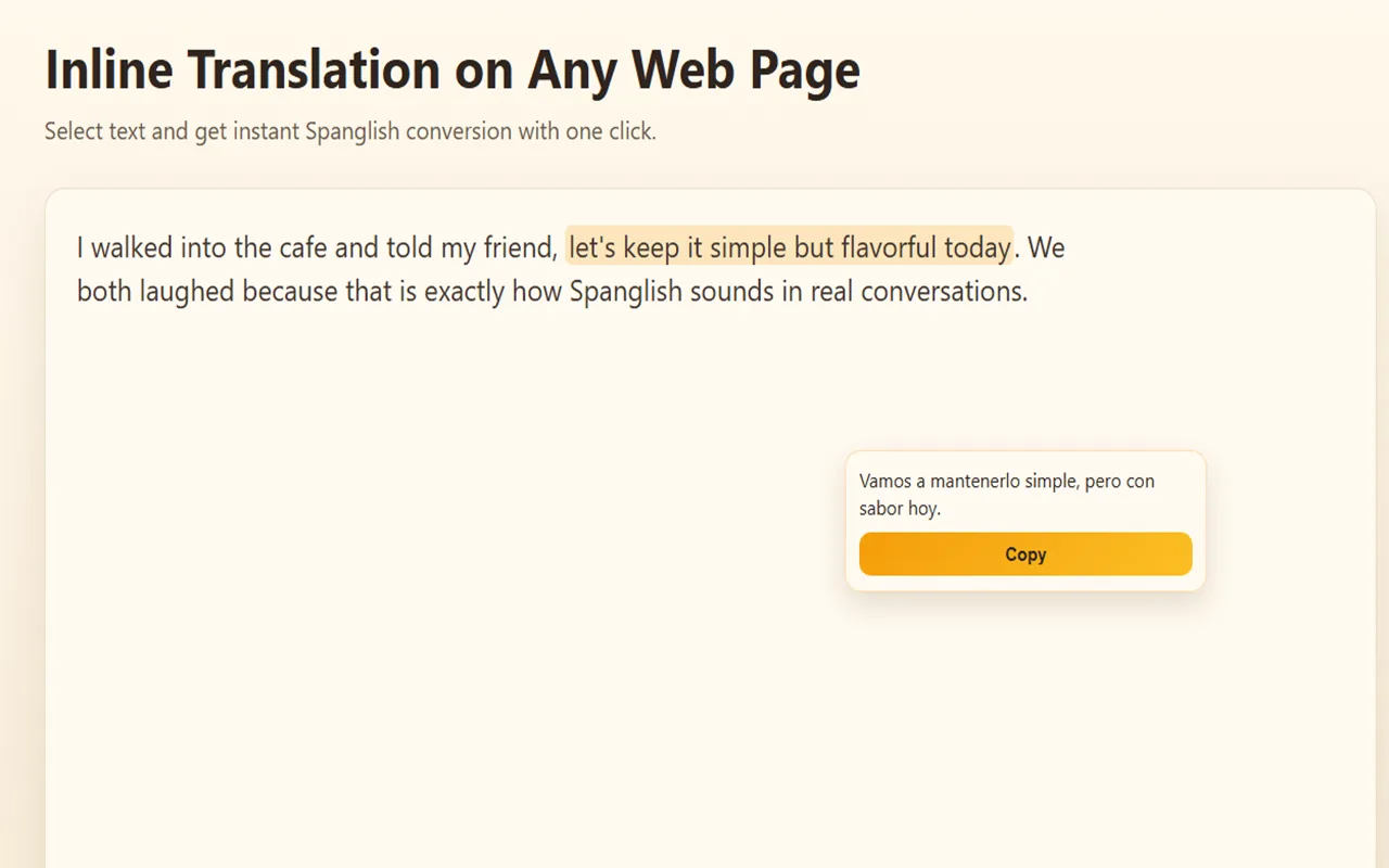 Using Spanglish Translator everywhere across different apps and websites